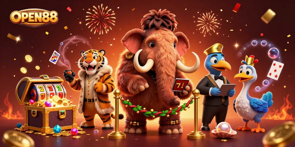 Engage in thrilling gameplay at OPEN88's vibrant casino environment with a woolly mammoth checking IDs.