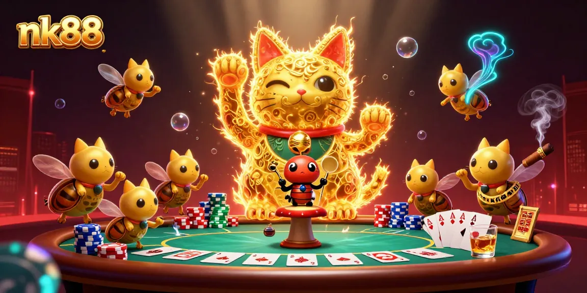 Experience nk88's vibrant gaming world with a lucky cat surrounded by poker elements and glowing effects.
