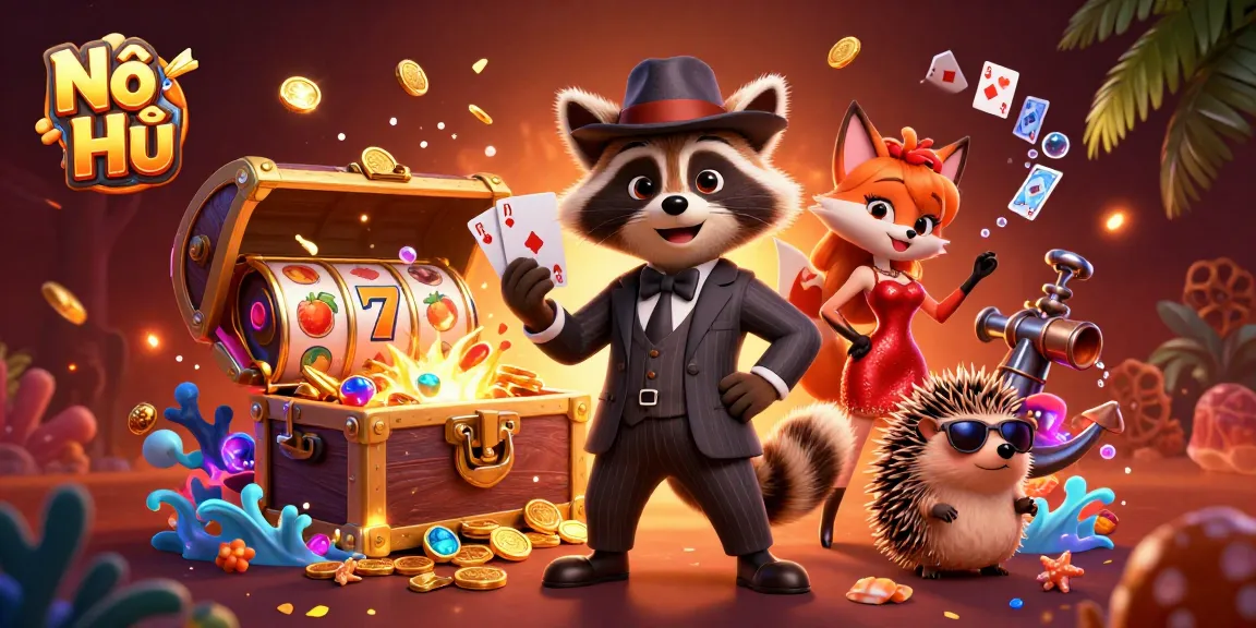 Nổ Hũ slot game scene featuring raccoon, fox, and hedgehog with gold coins and jackpot.