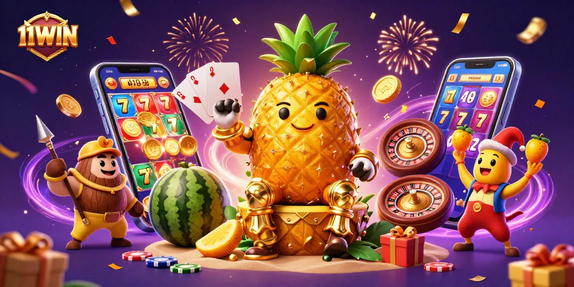 Experience winning excitement with the 11WIN illustration of a vibrant casino scene featuring symbols of luck and fun.
