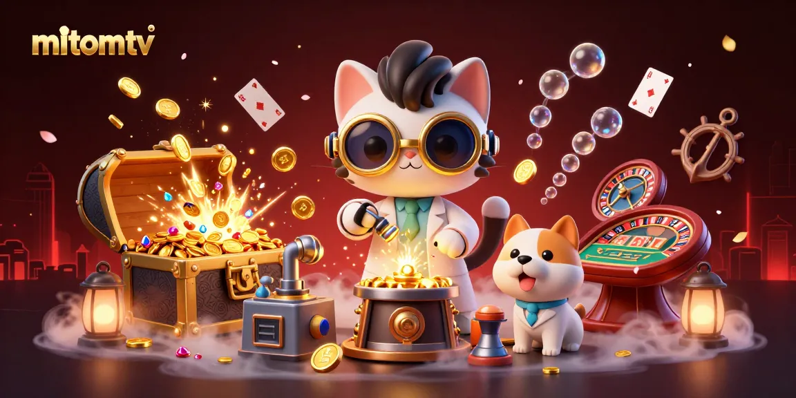 Experience thrills with mitomtv in a vibrant 3D casino-themed illustration showcasing lively gambling elements.
