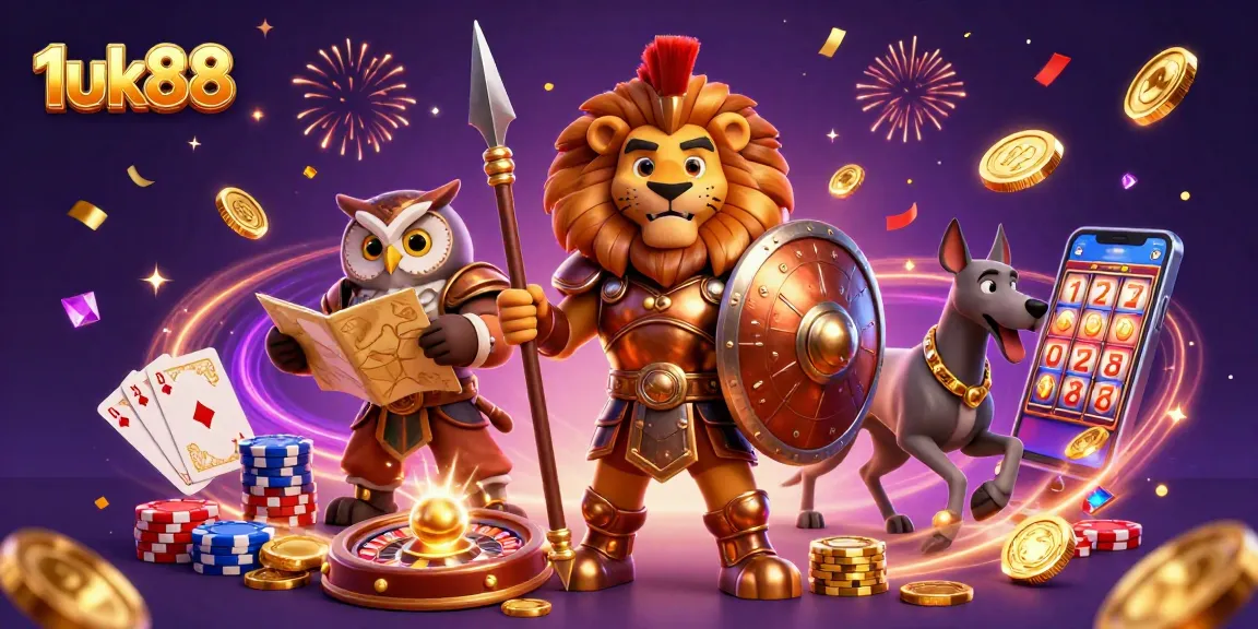 Engage in thrilling gameplay with 1uk88, featuring the Spartan lion, owl strategist, and greyhound amidst casino elements.