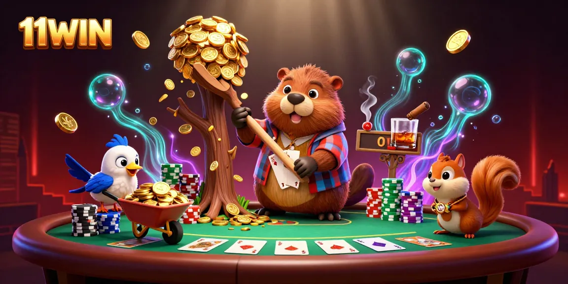Discover thrilling poker action with 11WIN's unique cartoon illustration featuring vibrant casino elements.