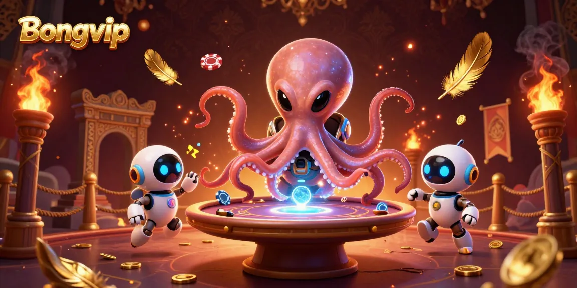 Bongvip players enjoy interactive poker with a cosmic octopus and robot, surrounded by vibrant casino elements.
