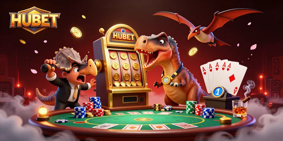 HUBET casino scene with a dinosaur celebrating a jackpot at a slot machine while coins fly around.