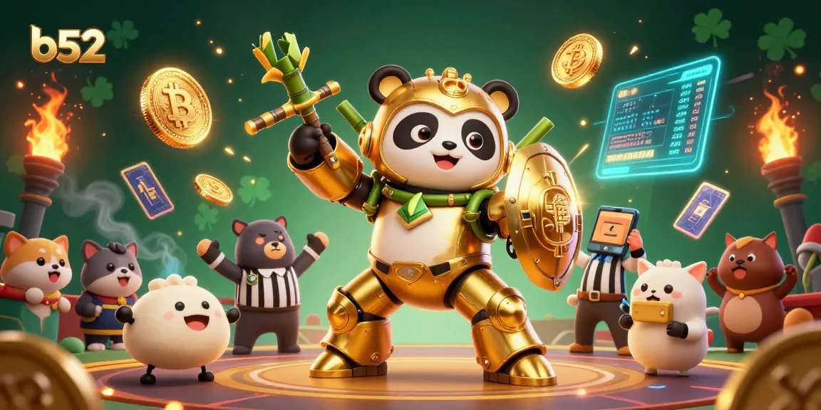 Engage with b52's vibrant gaming world, featuring a golden panda in a mech-suit amidst dynamic cryptocurrencies.