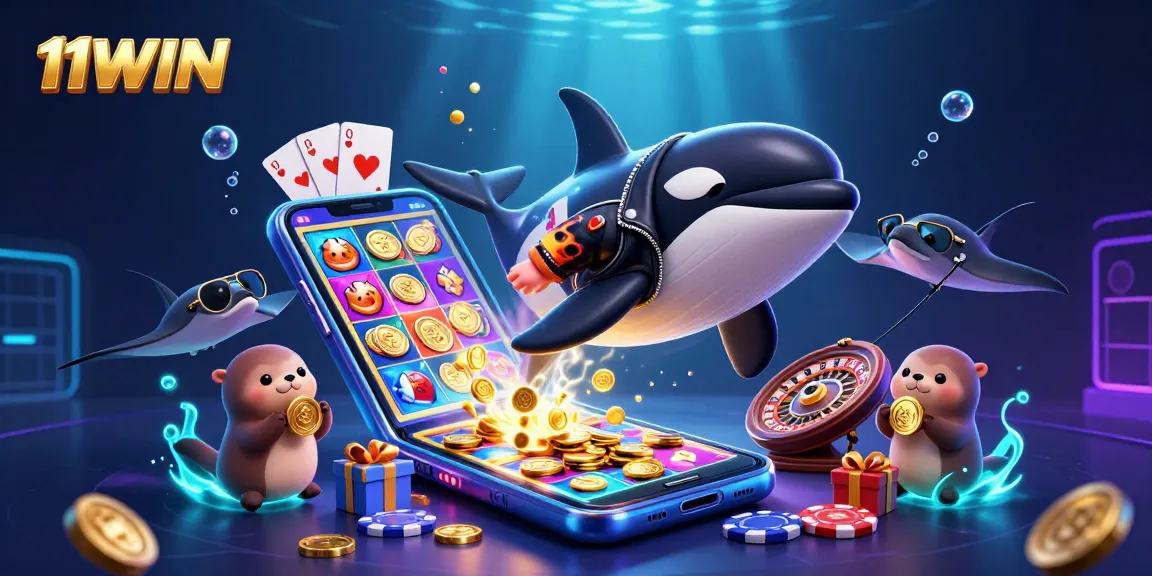 Experience winning spins and thrill with 11WIN in a vibrant underwater casino scene featuring colorful games.