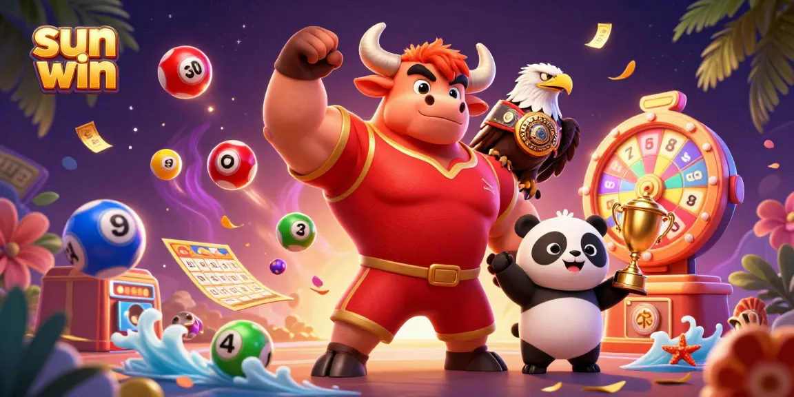 Experience the thrill of sun win with a dynamic casino scene featuring a bull mascot, eagle, and panda.