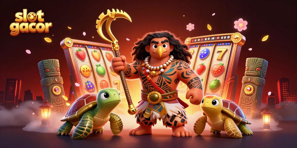 Engage with the slot gacor experience featuring vibrant slot reels and a demigod in a colorful casino setting.