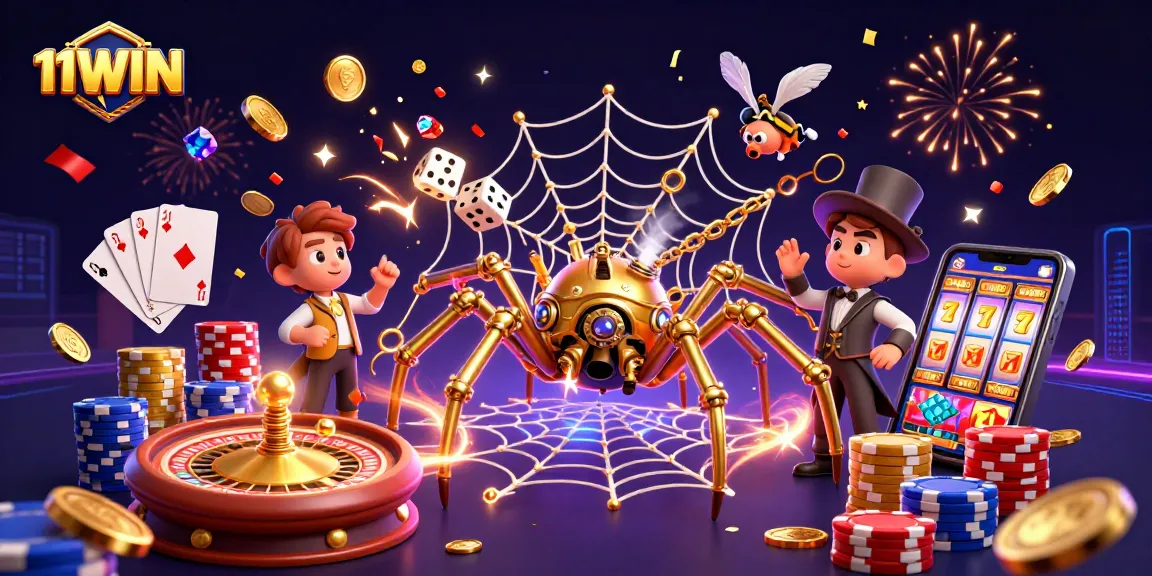 11WIN showcases thrilling casino excitement with a golden spider and lucky dice in a vibrant scene.