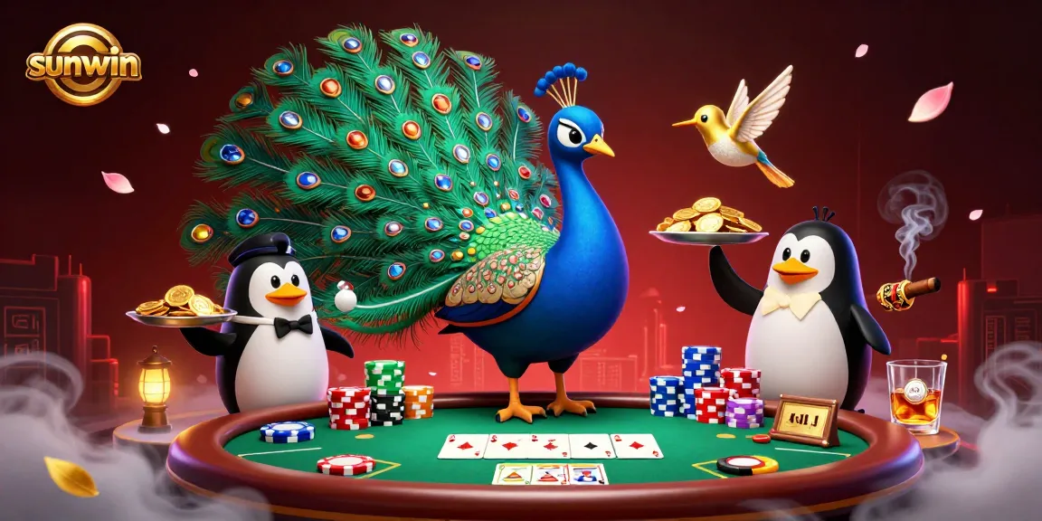 Engage in sunwin poker strategies with vibrant characters at a lavish gaming table.